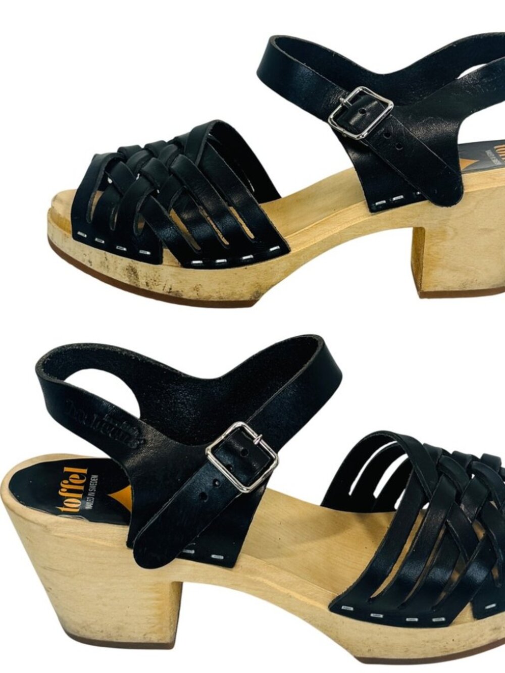SUPER CUTE, BARELY WORN, SWEDISH HASBEENS WOODEN CLOG SANDALS. LIKE NEW. SZ 36/6